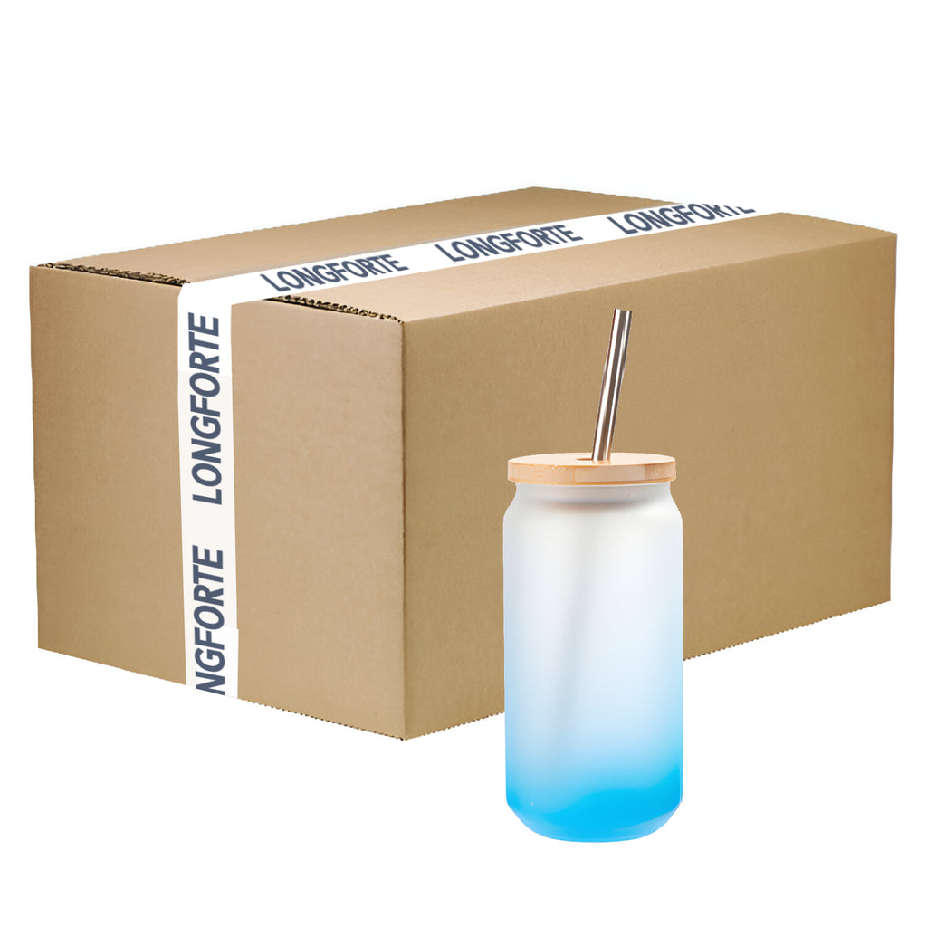 Becher - Glas - 550ml Glas mit Bambusdeckel & Strohhalm - HELLBLAU