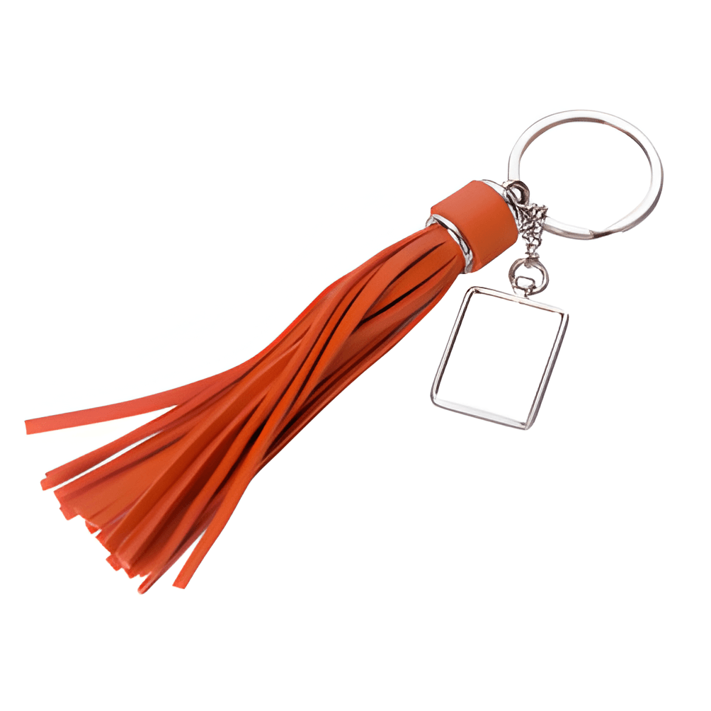 Keyring - 10 x Metal & PU Keyring - RECTANGLE - Long Tassel - 2cm x 14cm - Orange