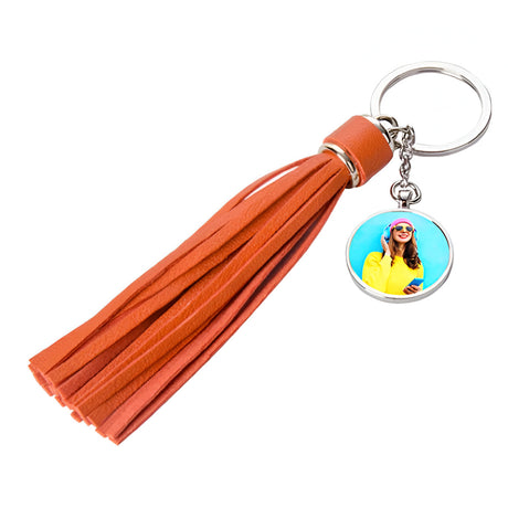 Keyring - 10 x Metal & PU Keyring - ROUND - Long Tassel - Orange