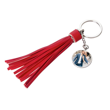 Keyring - 10 x Metal & PU Keyring - ROUND - Long Tassel -  2cm x 14cm - Red