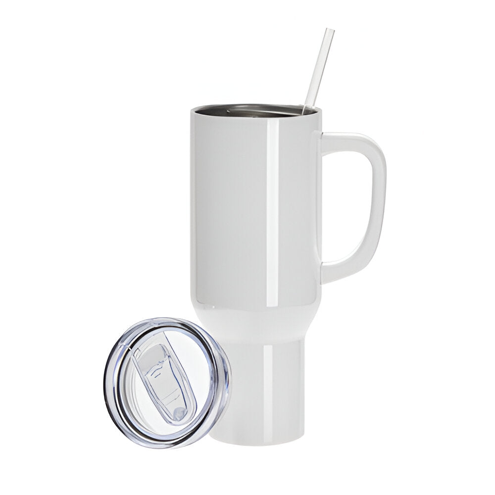 Mugs - STAINLESS STEEL - 40oz TUMBLER with Lid and Straw - WHITE