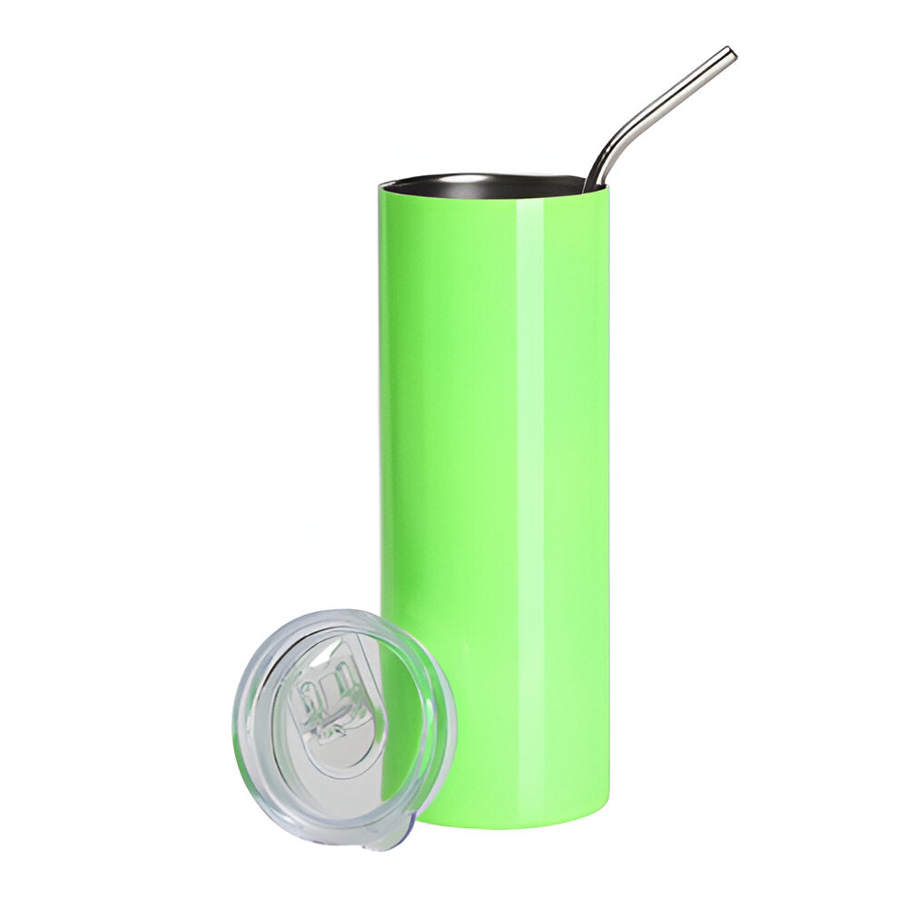 Water Bottles - Slim Stainless Steel - NEON GREEN - 600ml Tumbler with Straw