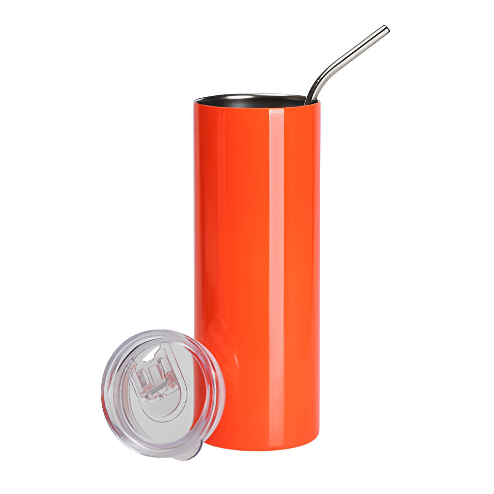 Water Bottles - Slim Stainless Steel - NEON ORANGE - 600ml Tumbler with Straw