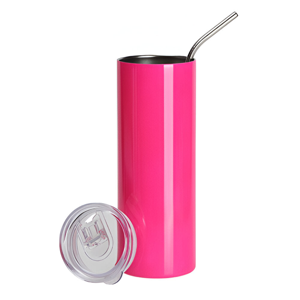 Water Bottles - Slim Stainless Steel - NEON PINK - 600ml Tumbler with Straw